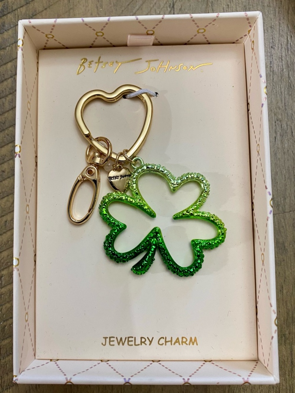 Betsey Johnson Green Glitter Clover Bag Charm Keychain